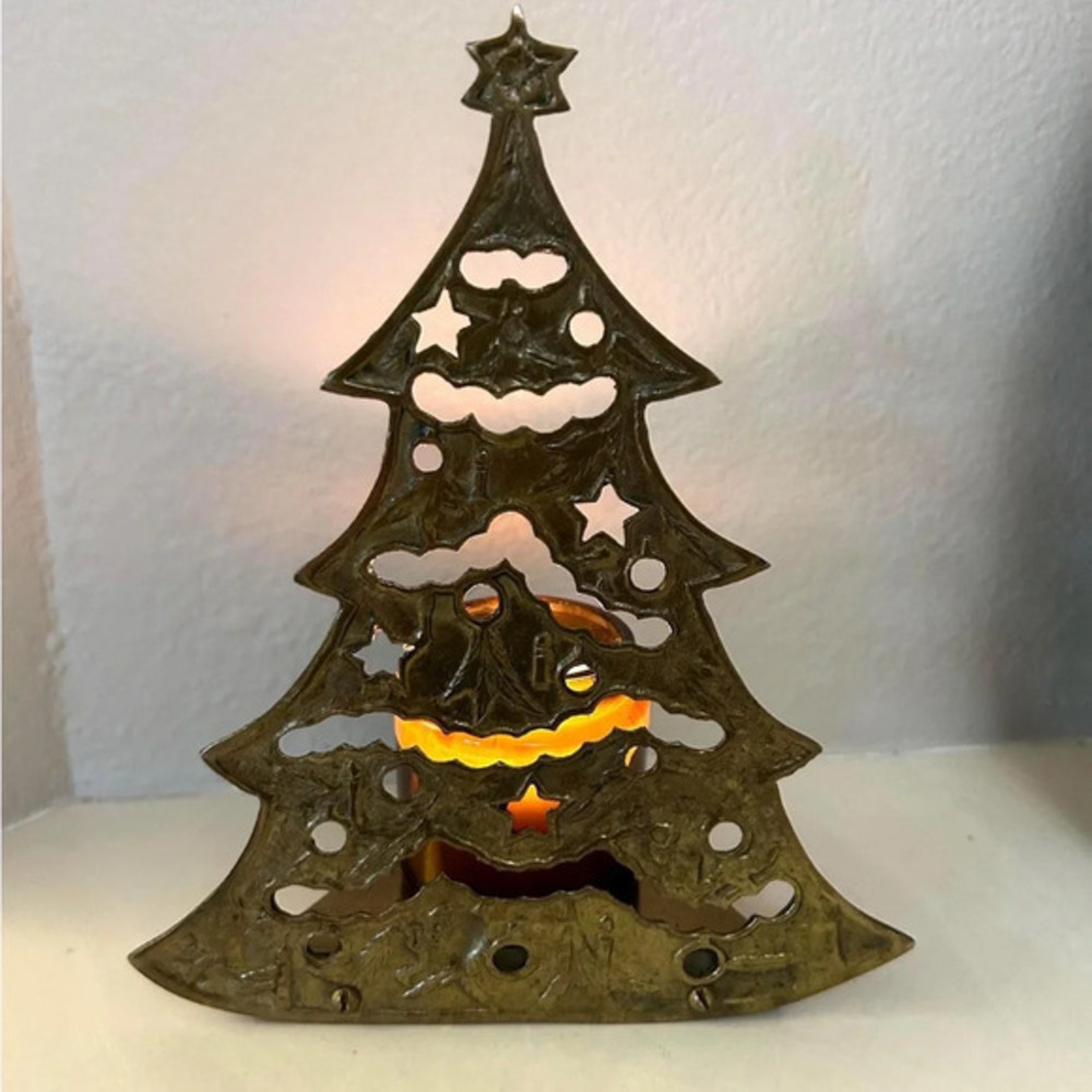 Brass‎ Luminary Candle Holder Shadow Thrower Christmas tree  Vintage
